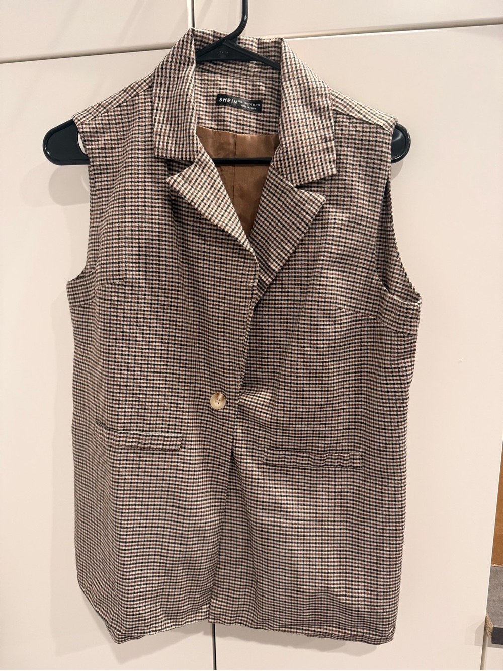 SHEIN Brown & Cream Houndstooth Sleeveless Blazer Vest